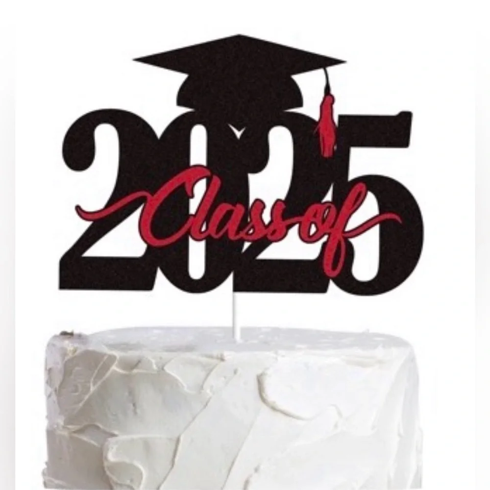 Class of 2025 Graduation Cake Topper - Black and Red Glitter